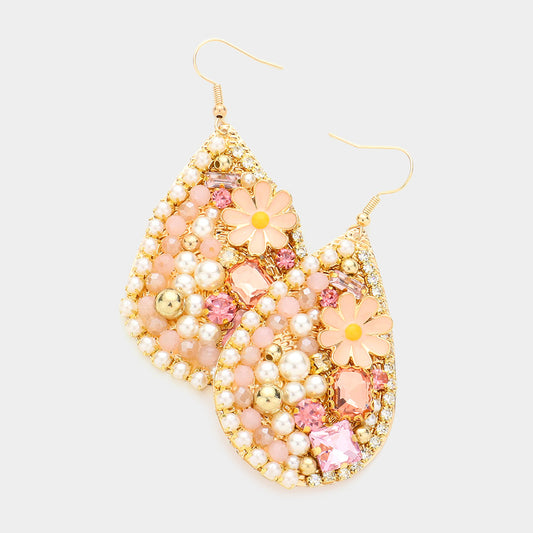 Pearl Flower Stone Bead Embellished Teardrop Earrings