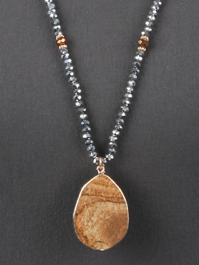 Natural Stone Pendant with Beads Long Necklace