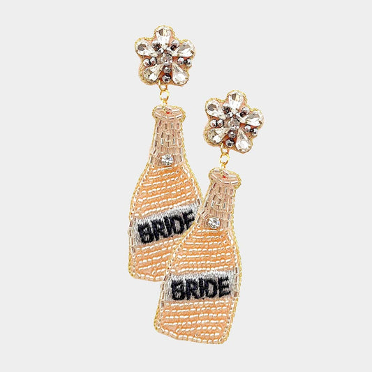 Bride Felt Back Seed Beaded Champagne Dangle Earrings