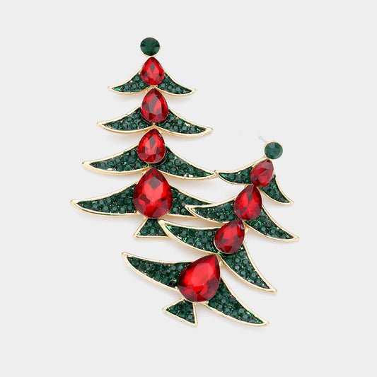 Teardrop Stone Accented Metal Christmas Tree Dangle Earring