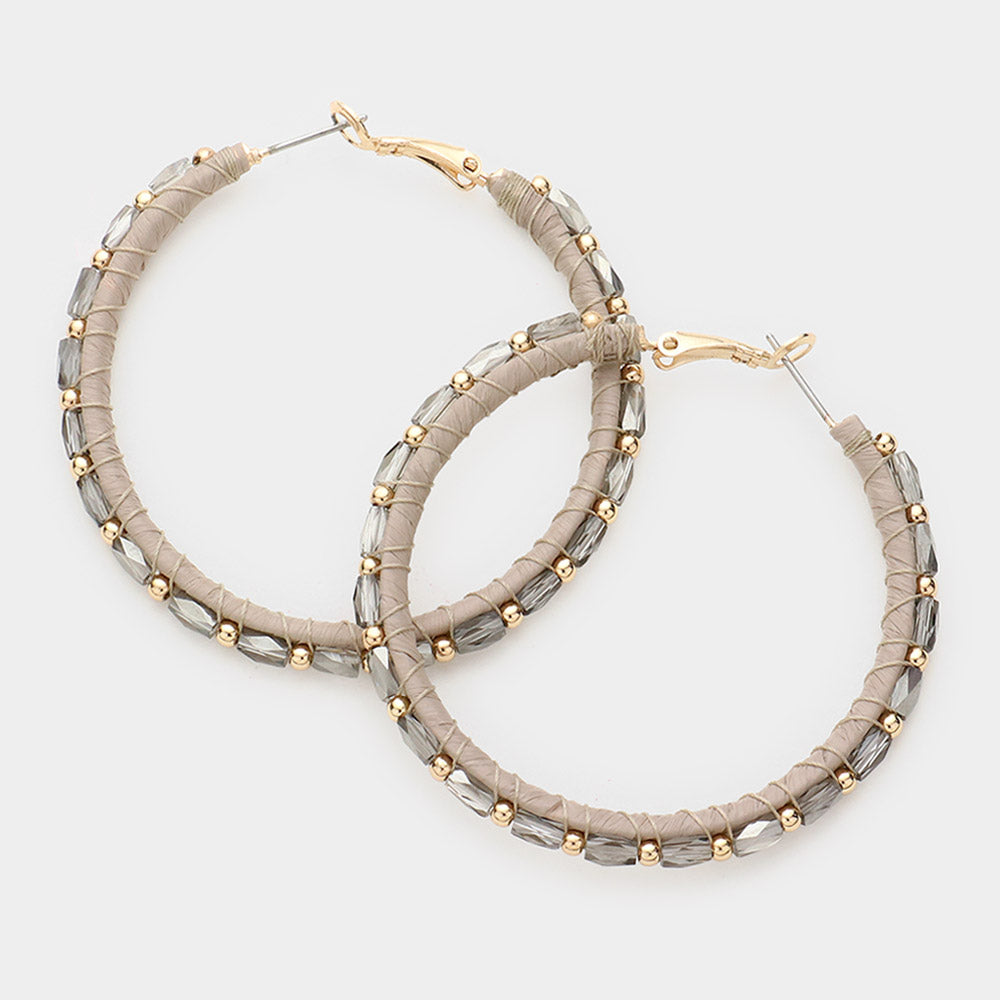 Metal Beaded Raffia Wrapped Hoop Earrings