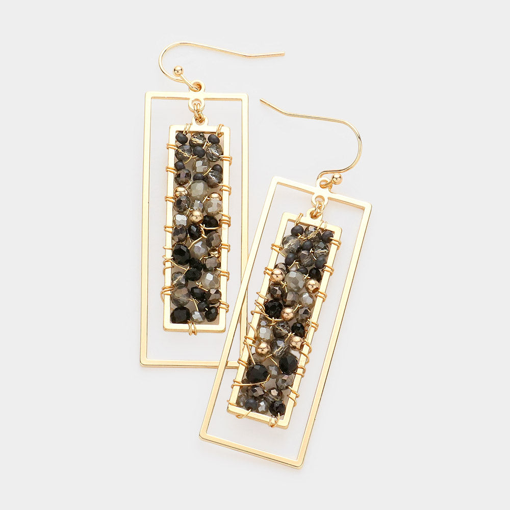 Bead Wrapped Double Metal Rectangle Dangle Earrings - Brown