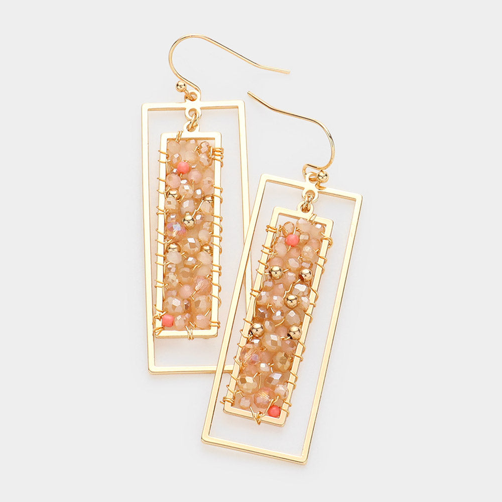 Bead Wrapped Double Metal Rectangle Dangle Earrings - Tan