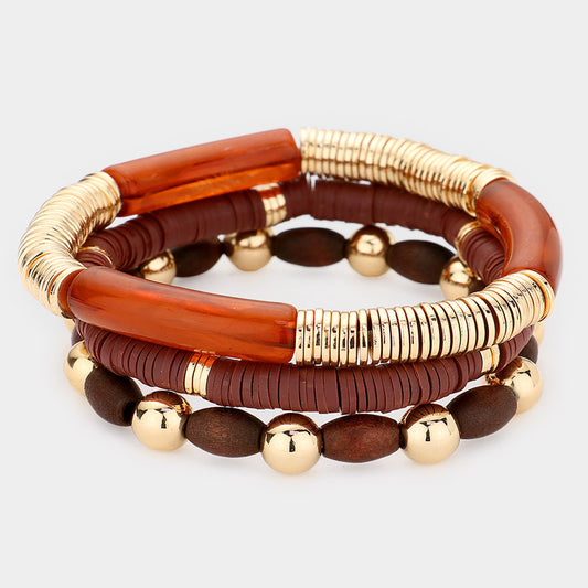 Heishi Bead Wood Stretch Multi Layered Bracelets