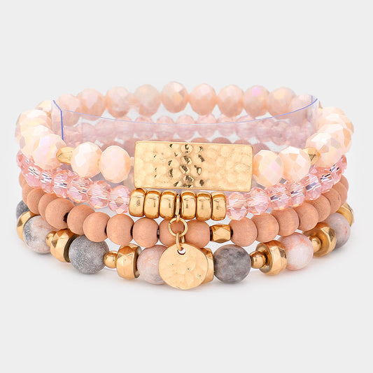 Set Of Four Stone Wood Beaded Stretchable Bracelets Pink/Gold