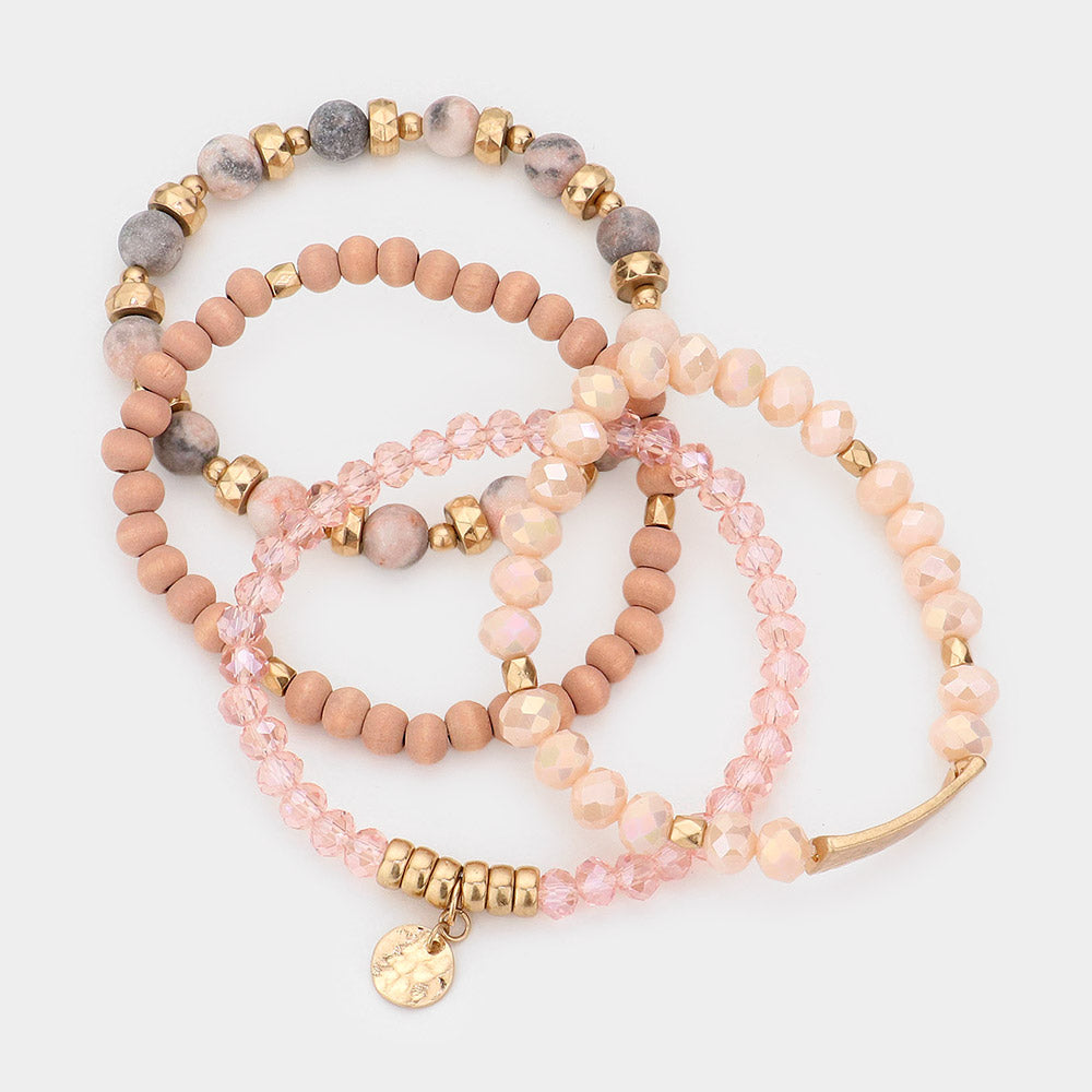 Set Of Four Stone Wood Beaded Stretchable Bracelets Pink/Gold