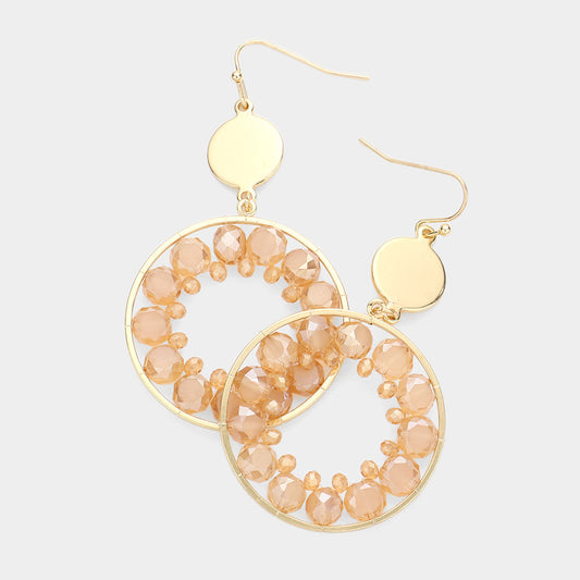 Beige & Gold Beaded Circle Earrings With Crystal