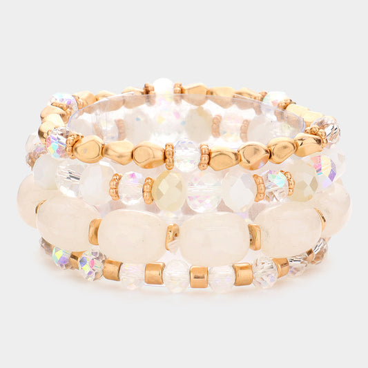 4 Piece Natural White & Gold Beaded Stretchable Bracelet Set