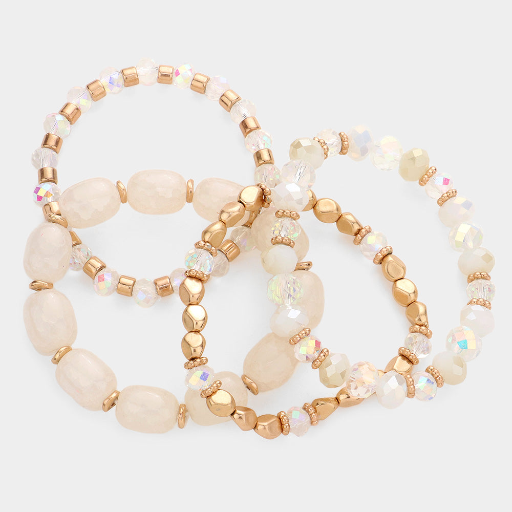 4 Piece Natural White & Gold Beaded Stretchable Bracelet Set